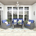 FansaFurn 4-Piece Outdoor Patio Furniture Set, All Weather Wicker Rattan Sectional Sofa Conversation Seating Set with Cushions & Large Glass Coffee Table, Ideal for Garden Backyard Porch, Blue