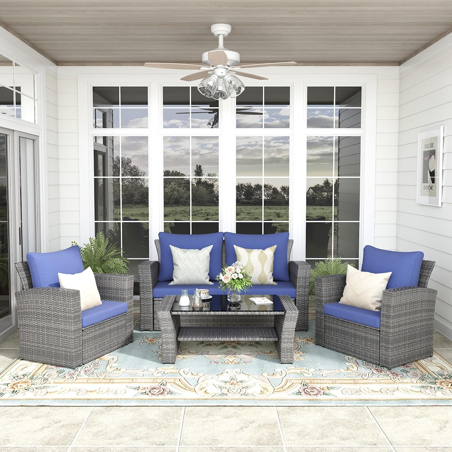 FansaFurn 4-Piece Outdoor Patio Furniture Set, All Weather Wicker Rattan Sectional Sofa Conversation Seating Set with Cushions & Large Glass Coffee Table, Ideal for Garden Backyard Porch, Blue
