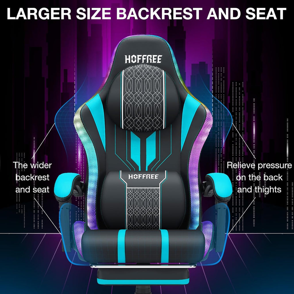 HOFFREE Led Gaming Chair with Speakers and Massage Video Game Chair Big and Tall for 400lbs with Footrest Reclining High Back Computer Desk Chair Blue and Black