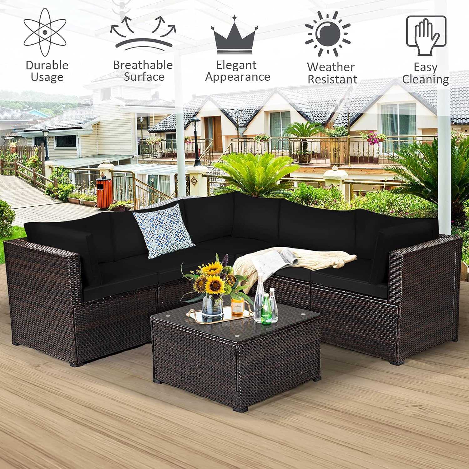 Tangkula 6 Pieces Patio Furniture Set, Outdoor Rattan Sofa Set, Wicker Conversation Set w/Tempered Glass Coffee Table & Cushions, Sectional Sofa Set for Backyard, Garden, Balcony, Poolside (Black)
