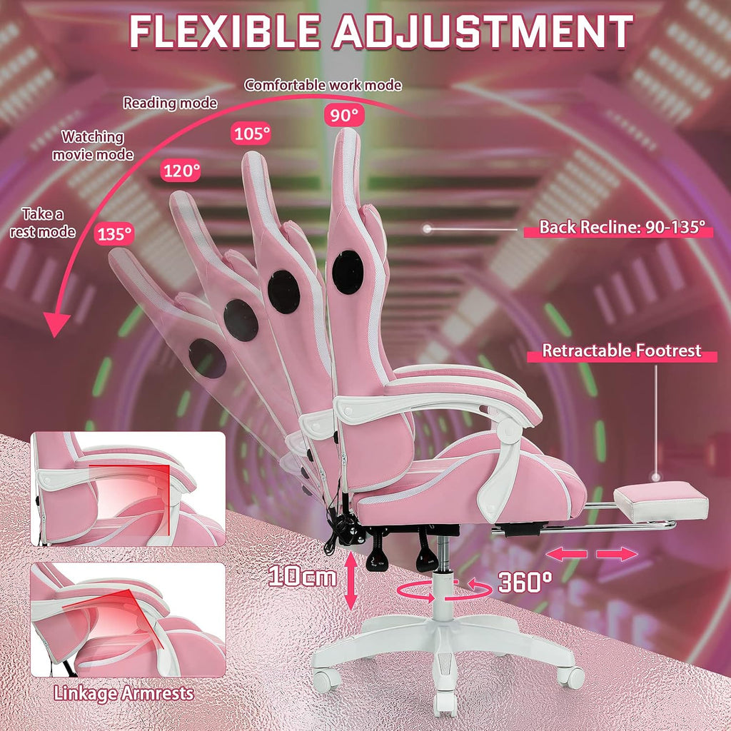 HOFFREE Pink Gaming Chair with Bluetooth Speakers and LED RGB Lights Cute Ergonomic Massage Computer Gaming Chair with Footrest High Back Video Game Chair with Lumbar Support Pink and White