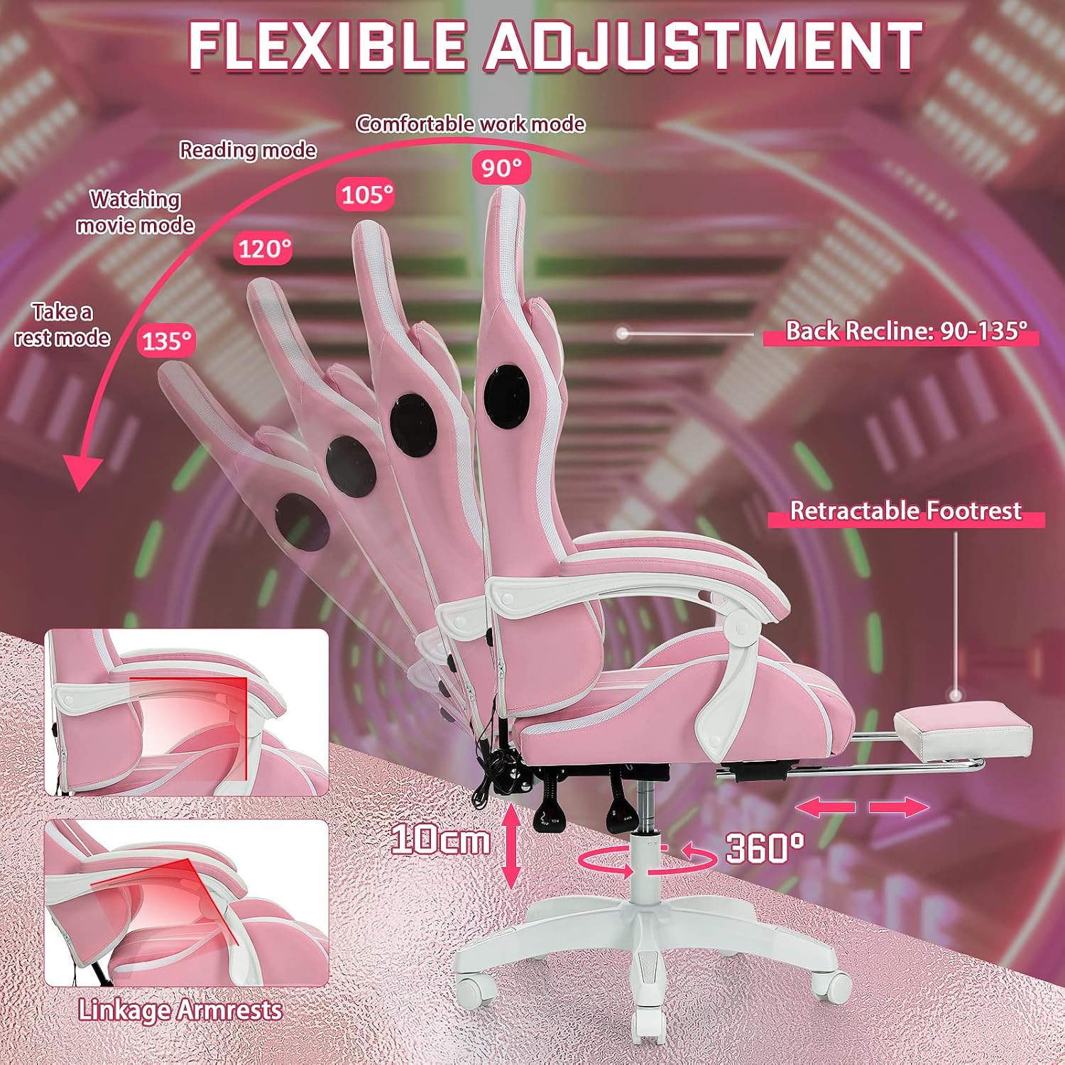 HOFFREE Pink Gaming Chair with Bluetooth Speakers and LED RGB Lights Cute Ergonomic Massage Computer Gaming Chair with Footrest High Back Video Game Chair with Lumbar Support Pink and White