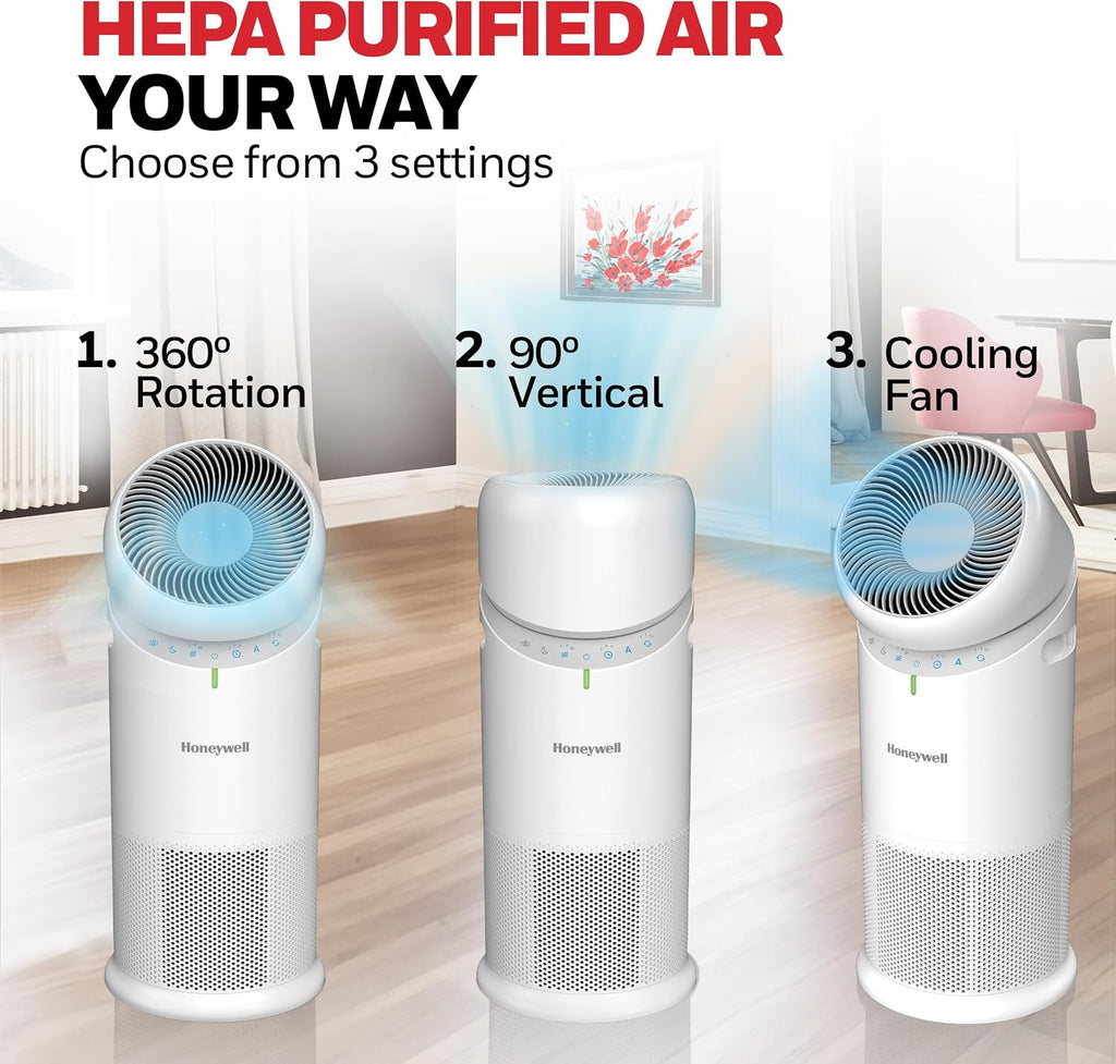 Honeywell Allergen Plus™ 3-in-1 HEPA Air Purifier for Home, Fan & Adjustable Airflow for Large Rooms up to 1928 Ft², Air Quality Sensor, Reduces Allergens, Pet Dander & Odors, HPA6000, White