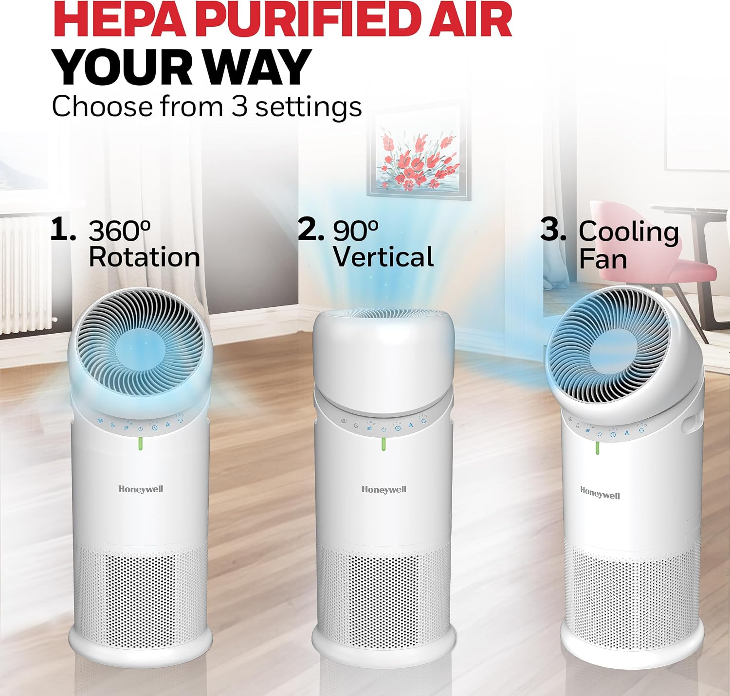 Honeywell Allergen Plus™ 3-in-1 HEPA Air Purifier for Home, Fan & Adjustable Airflow for Large Rooms up to 1928 Ft², Air Quality Sensor, Reduces Allergens, Pet Dander & Odors, HPA6000, White