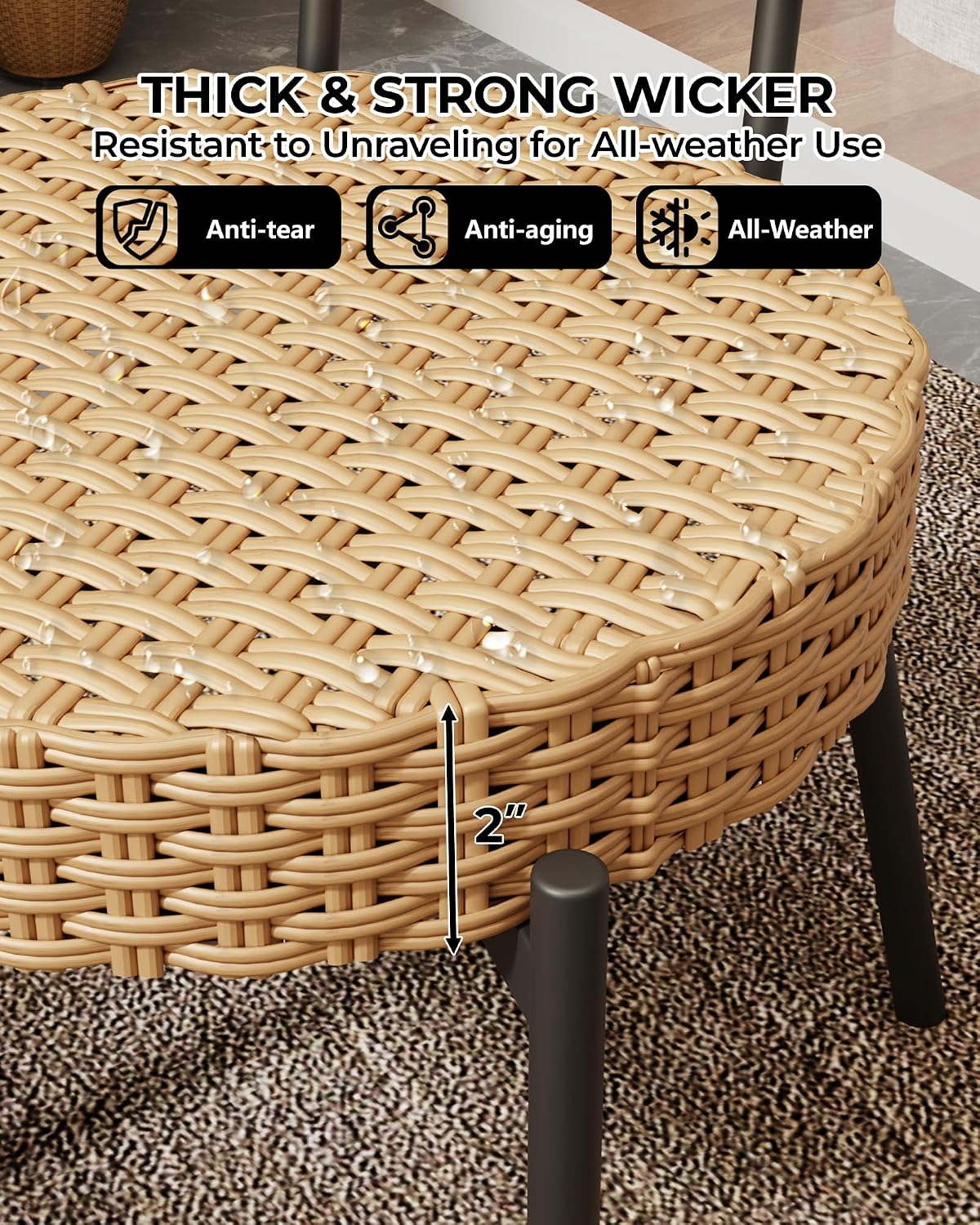 GarveeLife 3 Piece Wicker Patio Bistro Furniture Set, Outdoor Dining Chairs, Includes 2 Rattan Chairs and Tempered Glass Table, for Garden, Backyard, Balcony, Apartment, Black & Brown