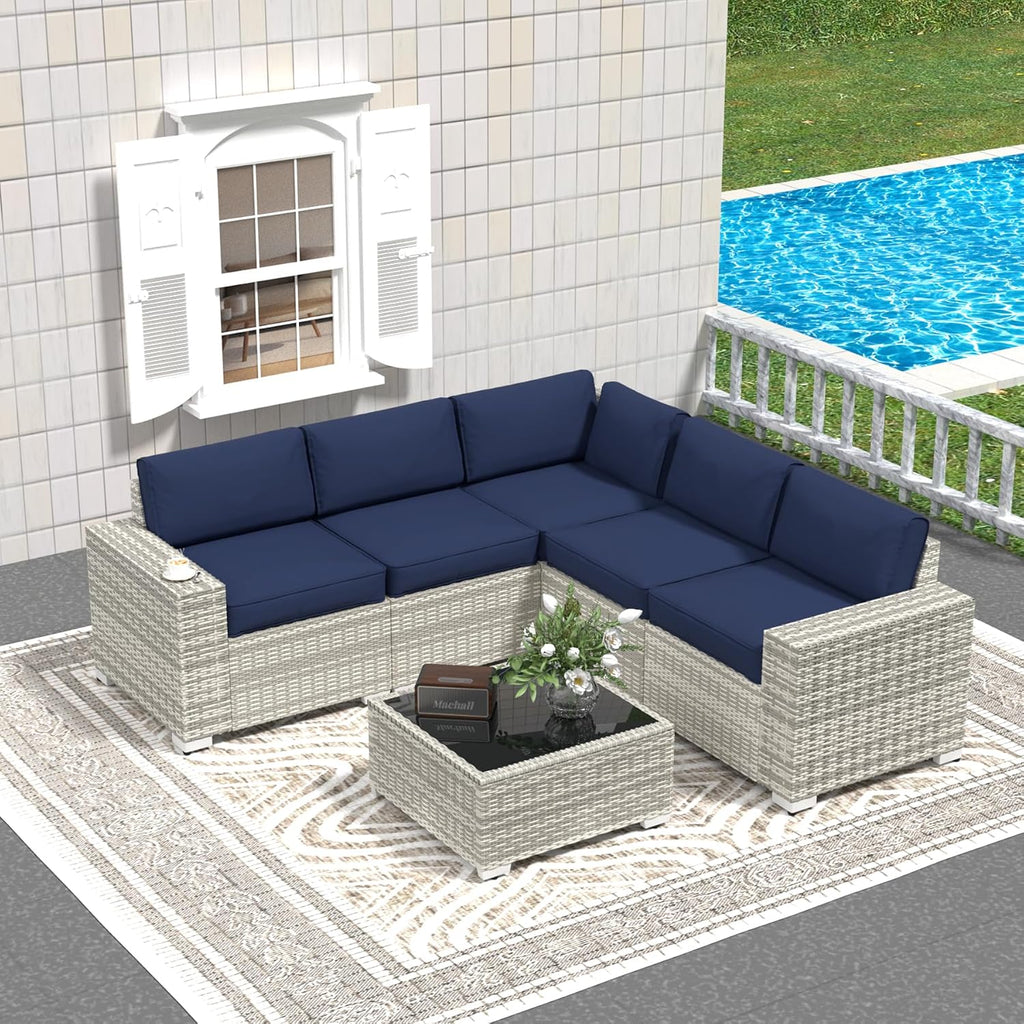 SHGJ&SOFT 6pcs Outdoor Patio Furniture Set, Waterproof Wicker Outdoor Sectional Couch with Thick Cushions, All-Weather Rattan Sectional Sofa
