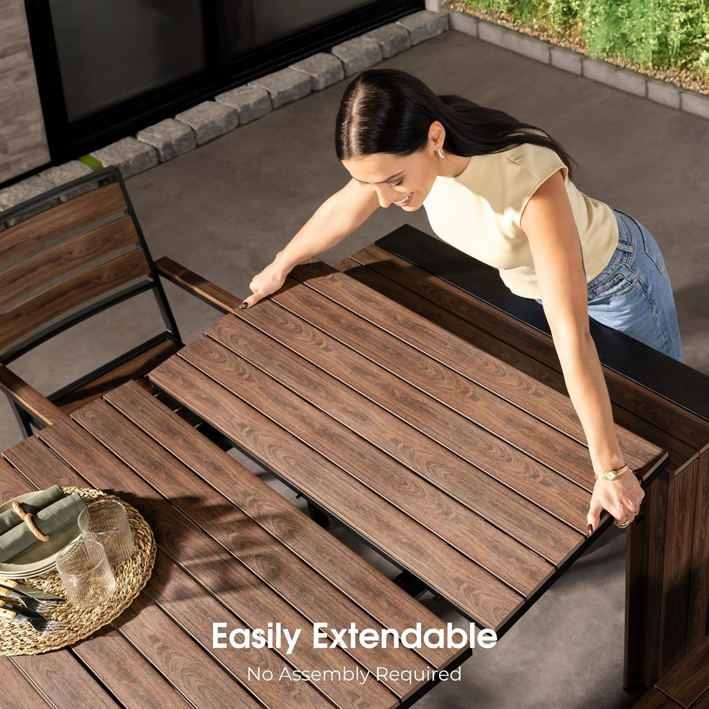 Transformer Table - Extendable Outdoor Dining Set up to 12, Expandable Patio Table, Weather-Resistant Patio Furniture, Outdoor Furniture, Dark Walnut, Brown (Table + 2 Benches)