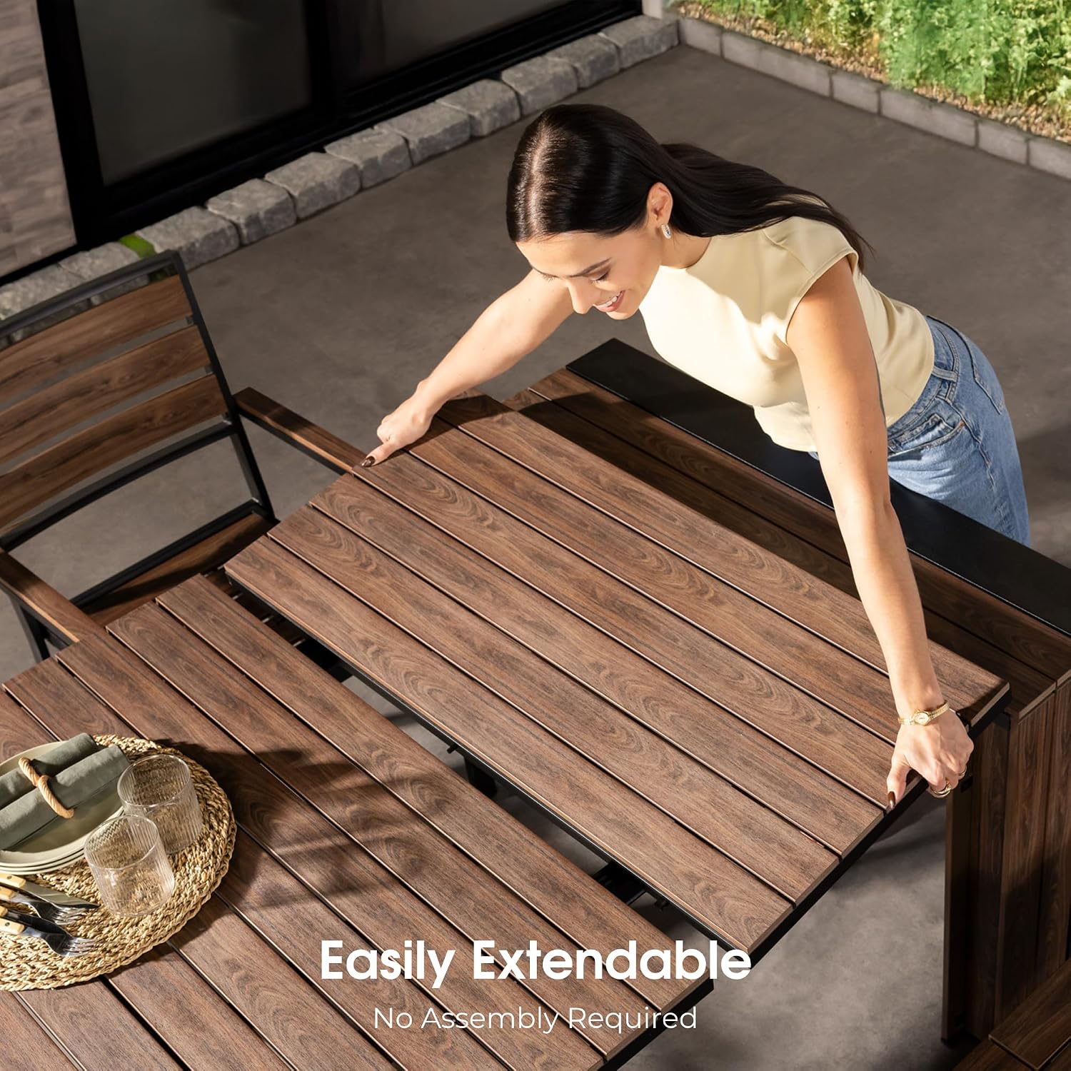 Transformer Table - Extendable Outdoor Dining Set up to 12, Expandable Patio Table, Weather-Resistant Patio Furniture, Outdoor Furniture, Dark Walnut, Brown (Table + 2 Benches)