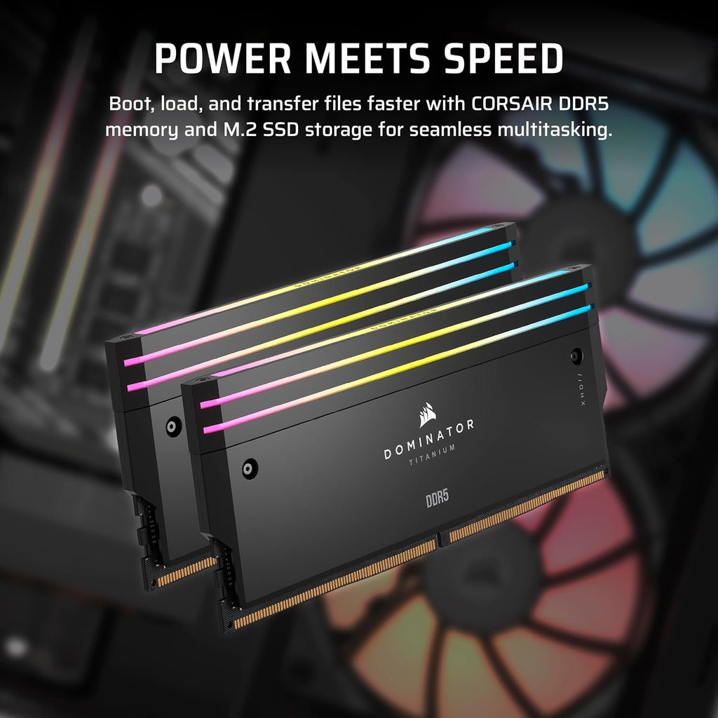 Corsair Vengeance a5100 Gaming PC – Liquid Cooled AMD Ryzen™ 7 9800X3D, NVIDIA® GeForce RTX™ 5090 GPU, 64GB Dominator Titanium RGB DDR5 Memory, 2+2TB M.2 SSD – Black/Silver