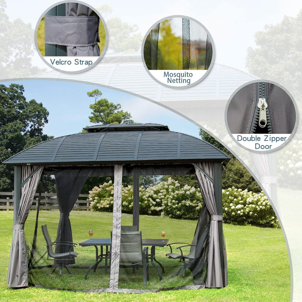 Domi Outdoor Gazebo 10'x12', Permanent Hardtop Gazebo with Aluminum Frame for Patios Deck Backyard, Galvanized Steel Double Roof, Curtains and Netting for Lawns, Garden, Poolside