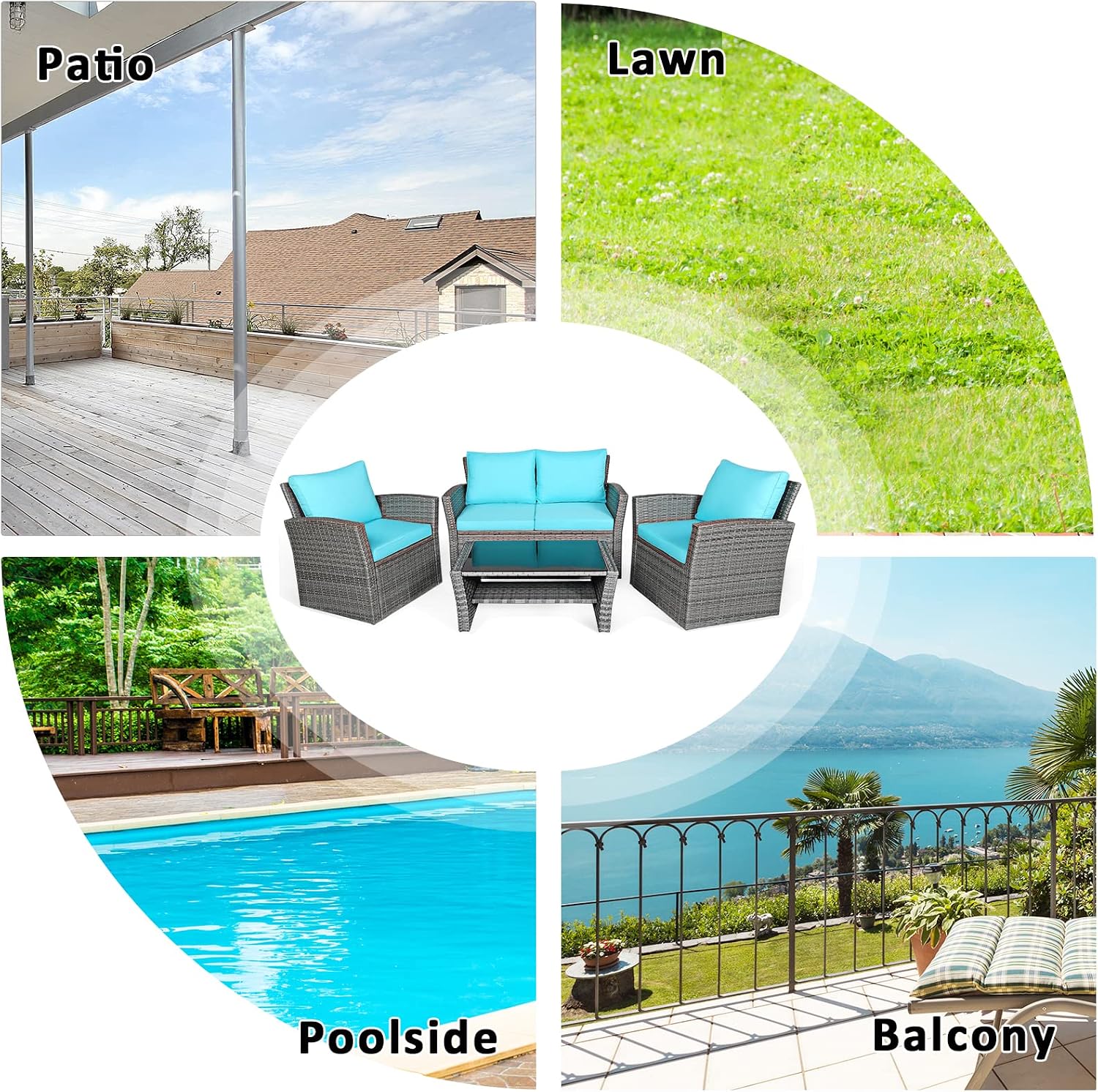 COSTWAY 4 Pieces Patio Rattan Furniture Set, Outdoor Wicker Sofa Set with Tempered Glass Coffee Table, Cushions, All Weather Rattan Conversation Set for Yard Balcony Backyard Pool (Turquoise)