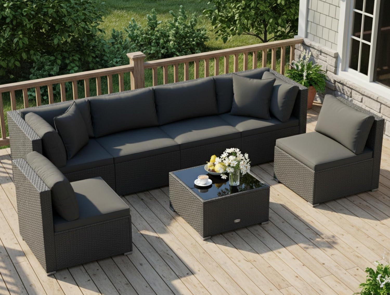 Tangkula 7 Pieces Wicker Patio Furniture Set, Outdoor Sectional Rattan Sofa Set for 6 with Seat & Back Cushions, Pillows, Coffee Table, Modular Conversation Set for Backyard, Poolside, Deck & Garden