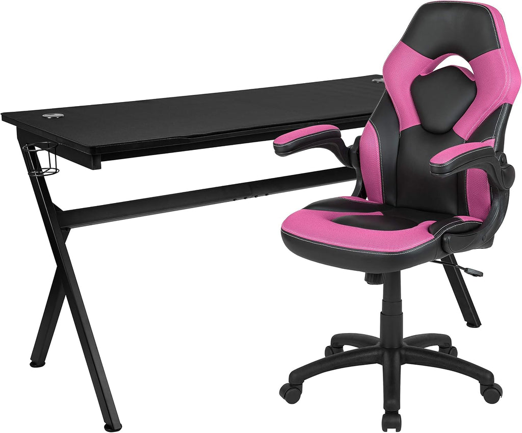 Flash Furniture Gaming Desk and Pink/Black Racing Chair Set/Cup Holder/Headphone Hook/Removable Mouse Pad Top - 2 Wire Management Holes