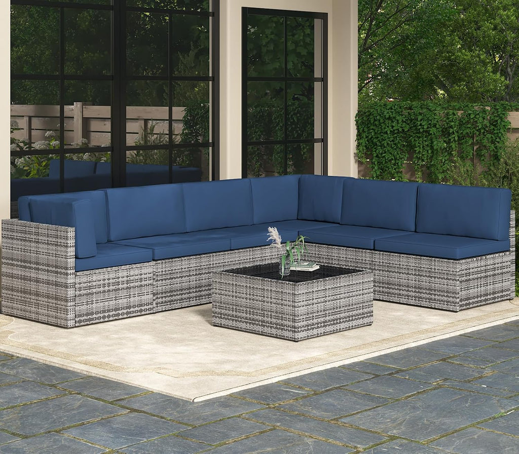 AECOJOY 7 Piece Outdoor Patio Furniture Set, Outdoor Sectional Conversation Furniture Chair with Coffee Table, Patio Sectional for Backyard, Garden(Navy Cushions and Grey PE Rattan)