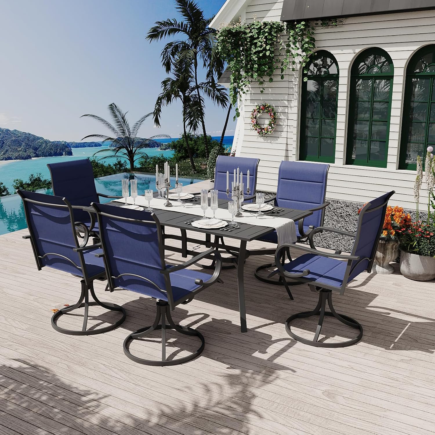 MELLCOM 7 Pieces Outdoor Dining Set, 6 Swivel Rocker Chairs with High Back Textilene & Rectangular Metal Dining Table with Umbrella Hole, Patio Furniture Set for Porch, Garden, Backyard, Blue