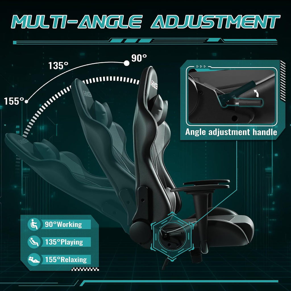 Furniwell Gaming Chair Racing Computer Chair Office Desk Chair Adjustable Swivel High Back Carbon Fiber Style Leather Executive Ergonomic Chair with Headrest and Lumbar Support (Grey)