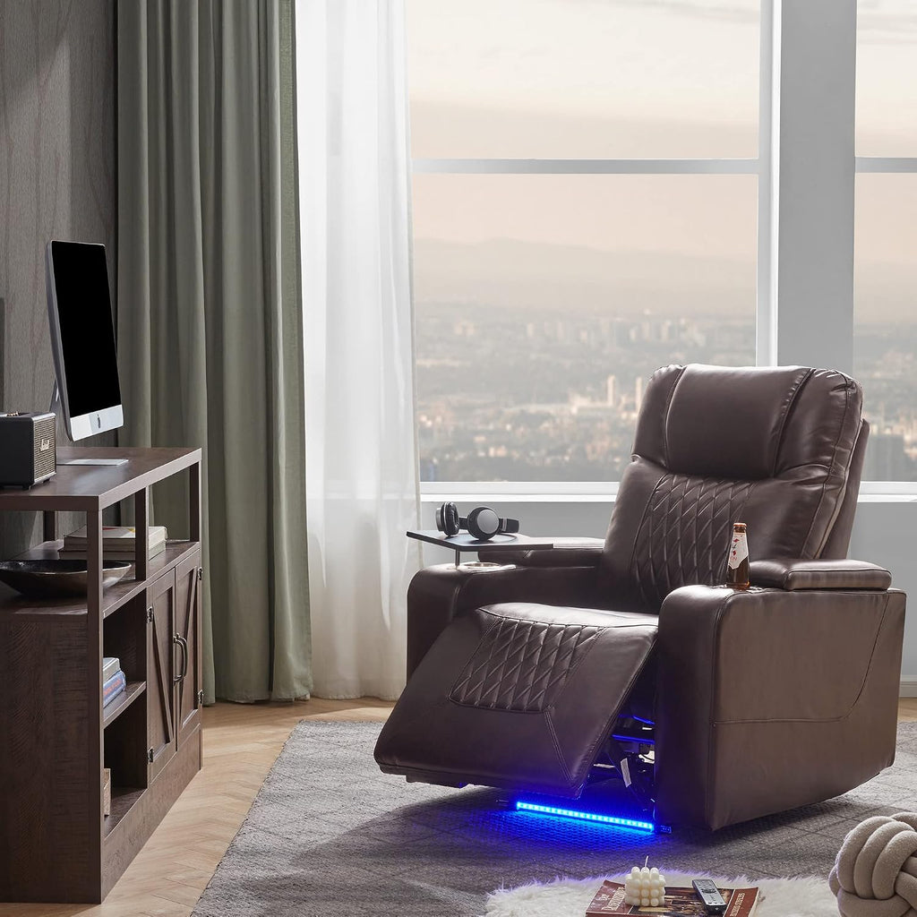 Merax Electric Recliner Chair with USB Charge Port, 360 Swivel Tray Table, Hand in-Arm Storage, and Cup Holders, Ambient Lighting - Ambient Lighting Gaming Recliner Chair Home Theater Seating