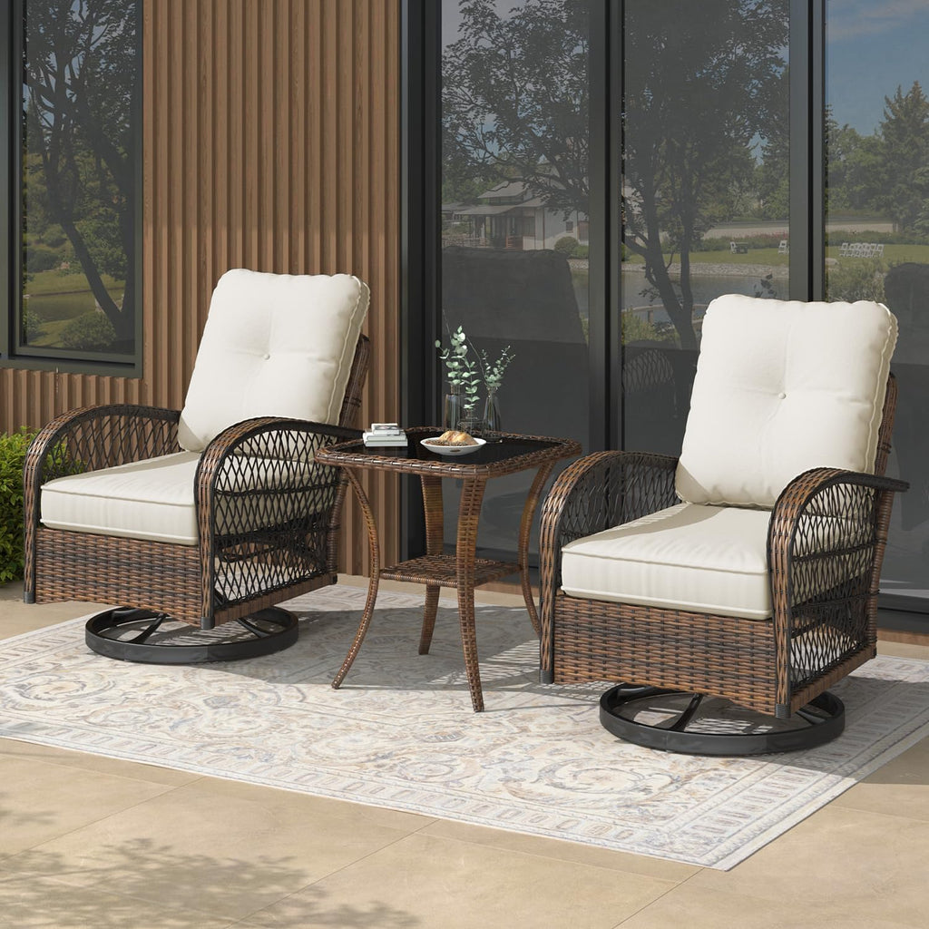MELLCOM 3 Pieces Patio Furniture Set, Outdoor Swivel Rocker Patio Chairs, Wicker Patio Bistro Set with Rocking Chair, Thickened Cushions and Glass Coffee Table for Backyard, Garden, Beige
