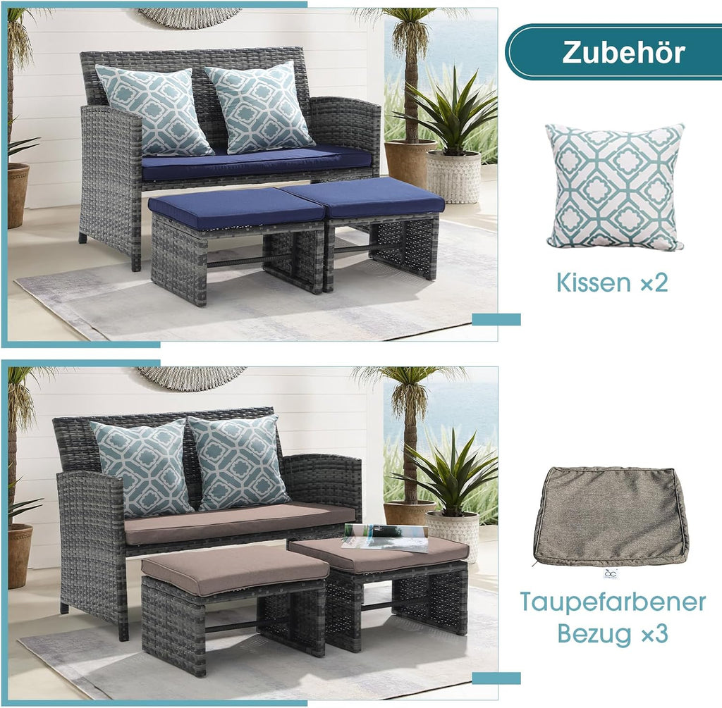 OC Orange-Casual Patio Furniture Set,3 Pieces Outdoor Wicker Conversation Loveseat with Ottomans for Porch, Gray Rattan Navy Blue Cushions