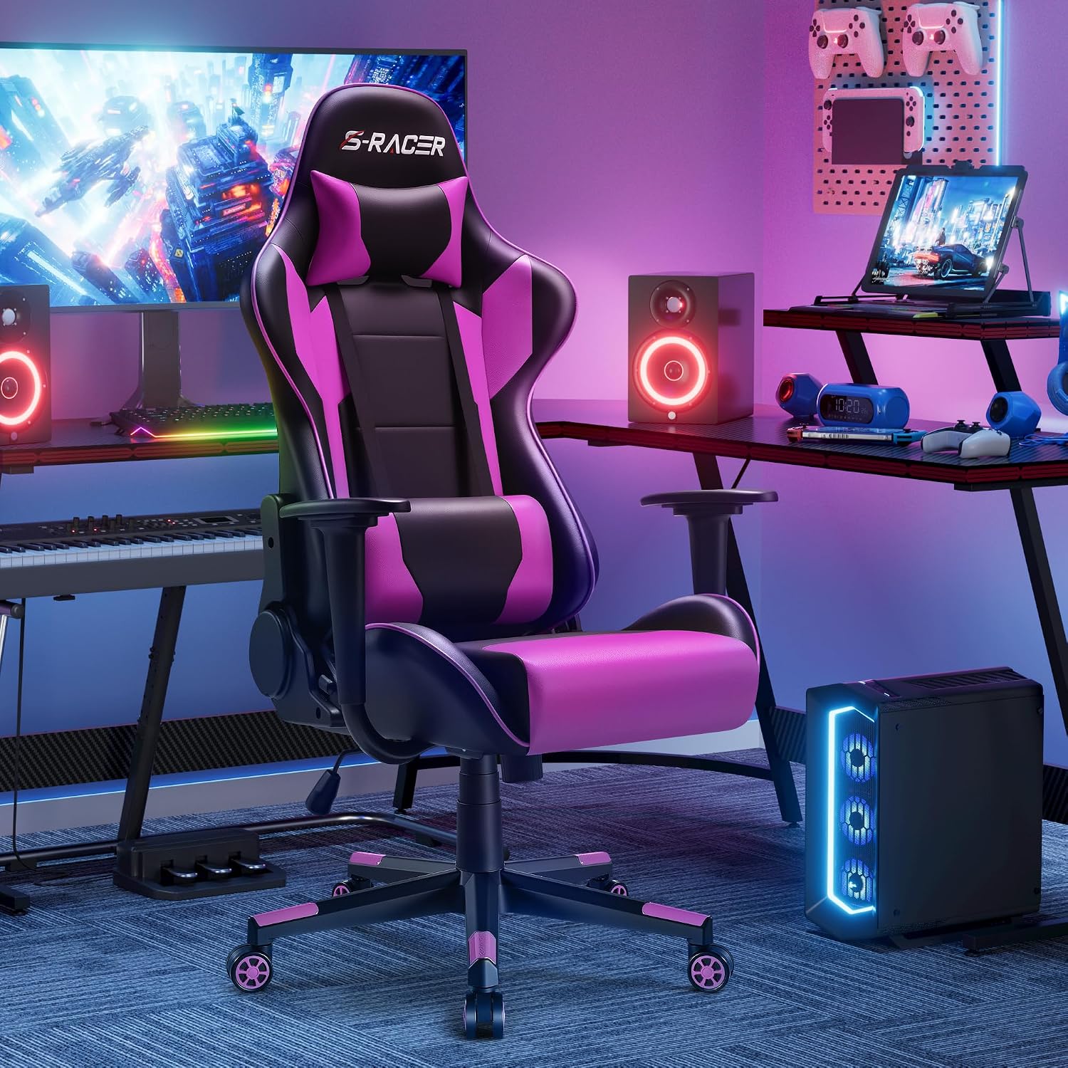 Furniwell Gaming Chair Racing Computer Chair PC Office Desk Chair Adjustable Swivel High Back Carbon Fiber Style PU Leather Executive Ergonomic Chair with Headrest and Lumbar Support (Violet)