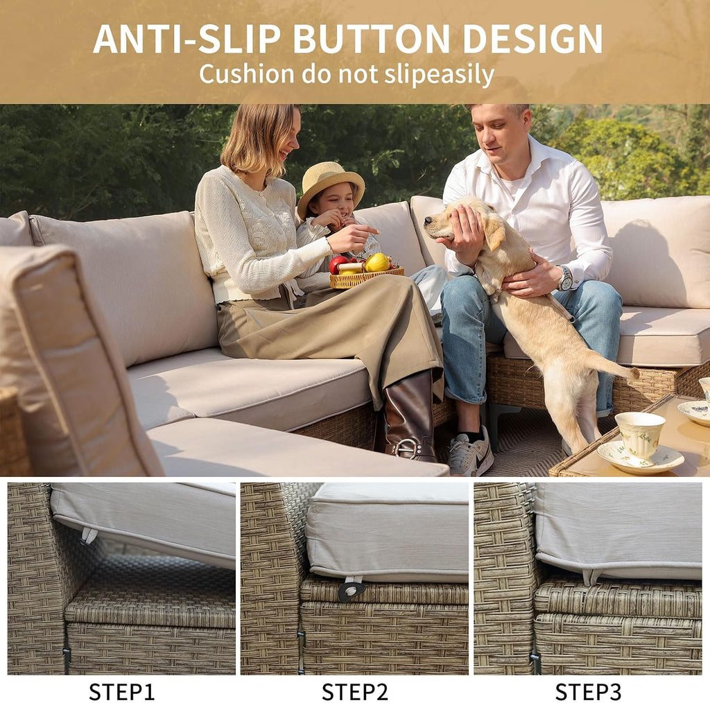 JOYURE 7 Piece Wicker Patio Furniture Set,Outdoor Conversation Sectional Sofa w/Coffee Table,All-Weather Outdoor Sofa with Thick and Anti-Slip Cushions for Deck,Poolside,Garden,Beige