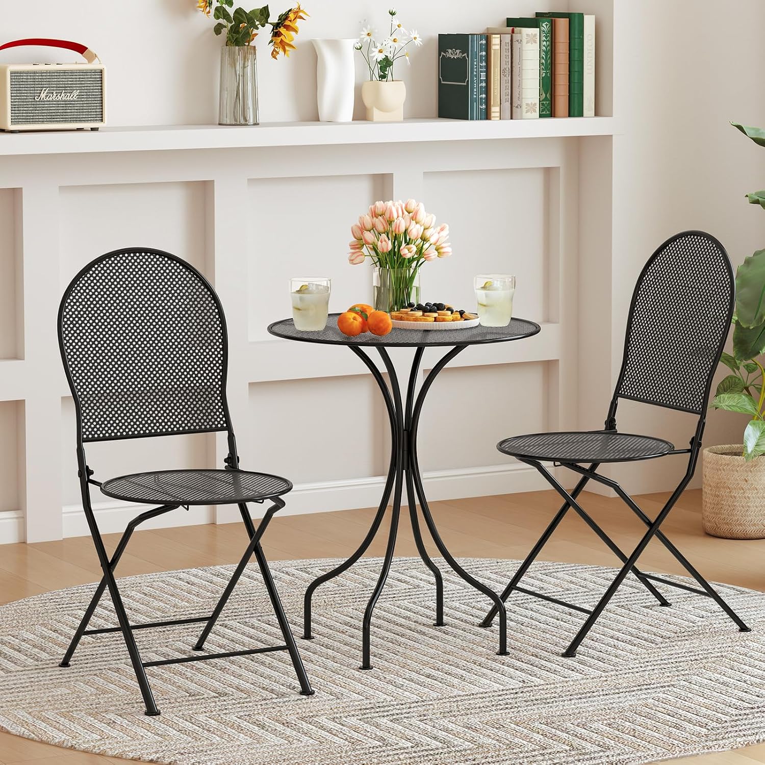 Tangkula 3 Pieces Patio Bistro Set, Metal Table and Folding Chair Set for 2, Outdoor Garden Furniture Set with Round Table & 2 Folding Chairs, Indoor Outdoor Bistro Set for Garden, Yard, Porch