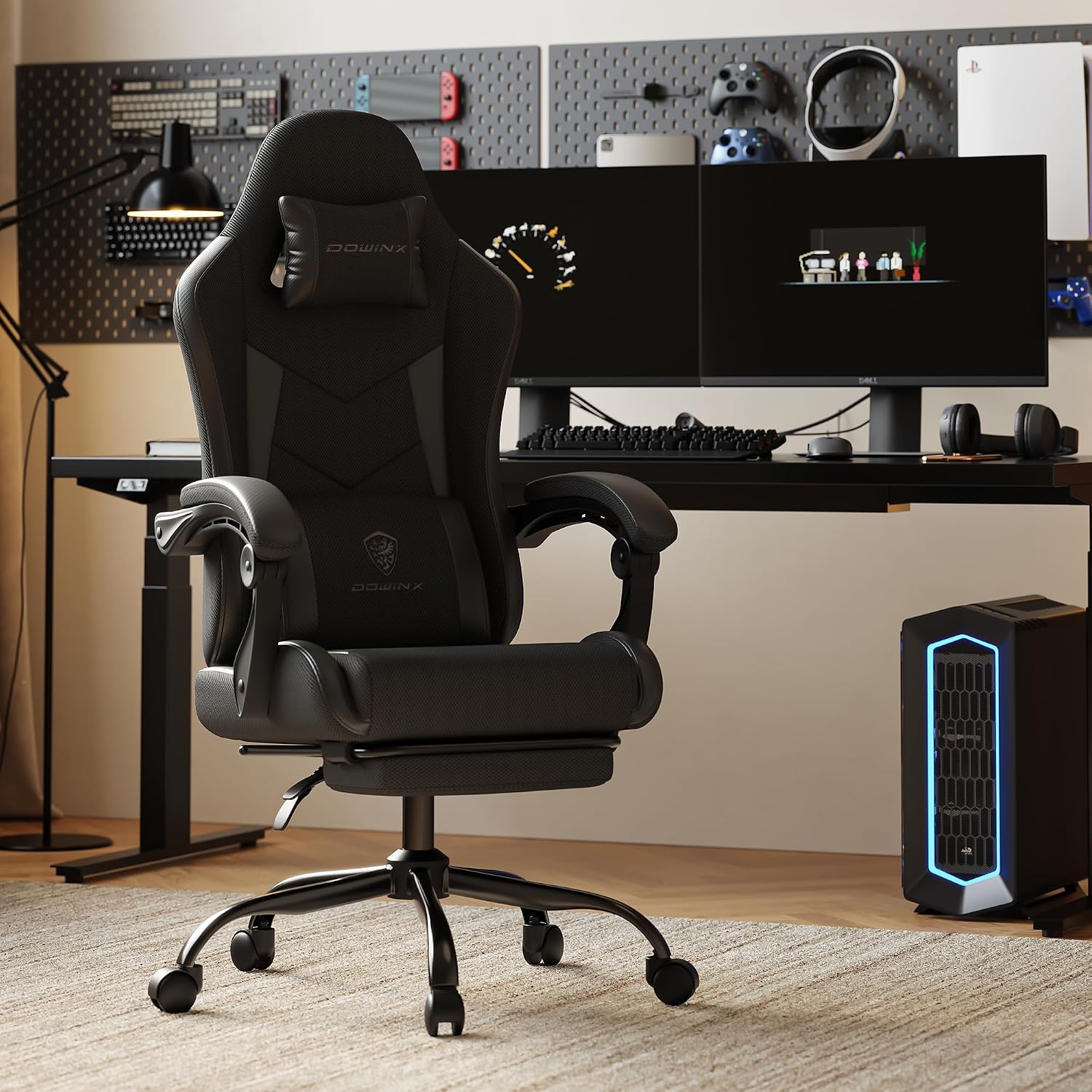 Gaming Chair with Footrest, Ergonomic 330lbs Leather Mesh Chair, Massage Lumbar Support, Adjustable Height & Headrest Pillow, Breathable Seat for Office, Home, Streaming, Long Gaming Sessions, Black