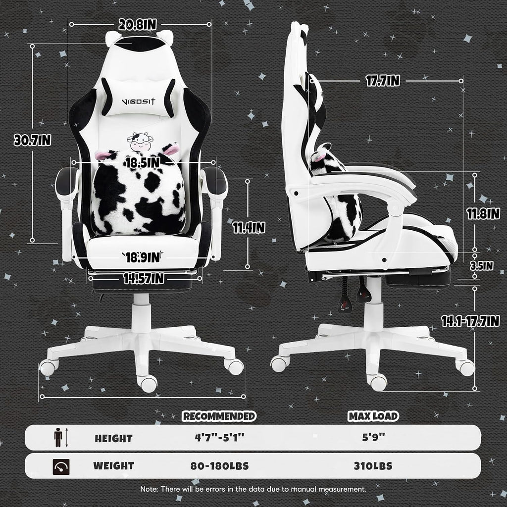 Vigosit Cute Gaming Chair with Footrest - Ergonomic Computer Chair Cow Print Design, High Back PU Leather Office Chairs with Lumbar Support for Adults