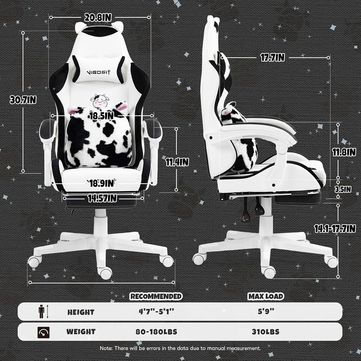 Vigosit Cute Gaming Chair with Footrest - Ergonomic Computer Chair Cow Print Design, High Back PU Leather Office Chairs with Lumbar Support for Adults