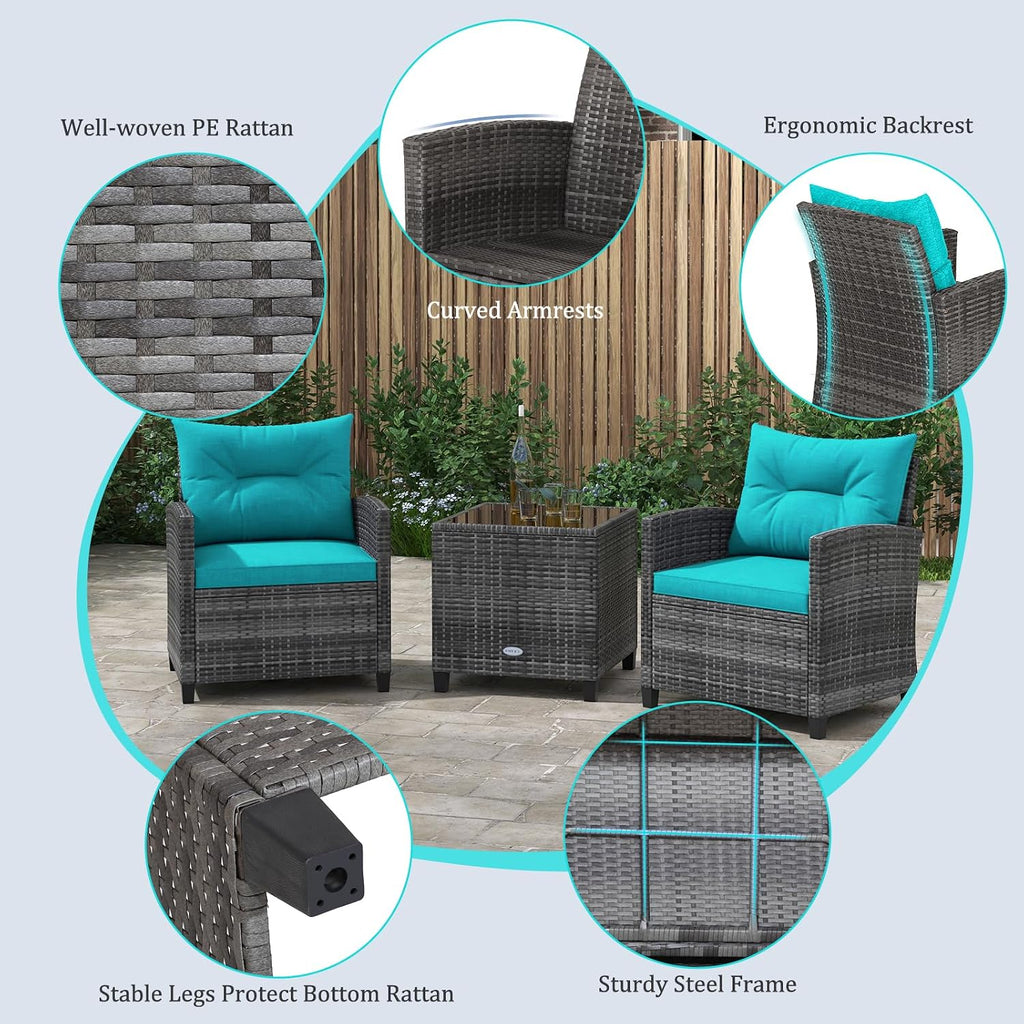 KOTEK 3 Piece Patio Furniture Set, Outdoor PE Rattan Conversation Set with Washable Cushions & Tempered Glass Tabletop, Wicker Chairs and Table Set for Porch, Garden, Balcony (Turquoise)