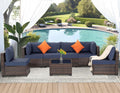 FHFO 7 Piece Outdoor Wicker Patio Furniture Set, Rattan Sectional Sofa Couch, Patio Conversation Set with Cushion & Coffee Table, for Backyard Poolside Porch Garden, Brown-Blue