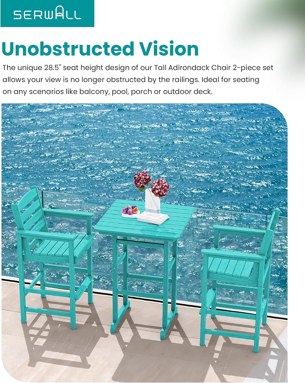 SERWALL Tall Adirondack Chairs Set of 2, Oversize Balcony Adirondack Chairs Set, Outdoor Bar Height Barstools Widened Chair Set for Bistro, Poolside, Garden, Aruba