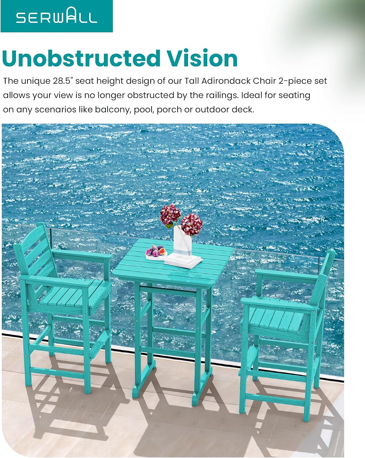 SERWALL Tall Adirondack Chairs Set of 2, Oversize Balcony Adirondack Chairs Set, Outdoor Bar Height Barstools Widened Chair Set for Bistro, Poolside, Garden, Aruba