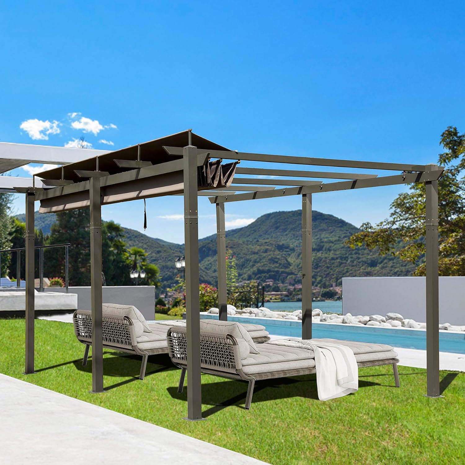 Domi Outdoor Retractable Pergola 11' x 16',Heavy-Duty Aluminum Shelter with Double Sun Shade Pavilion Large Grill Canopy for Gardens,Backyard and Decks,Dark Grey
