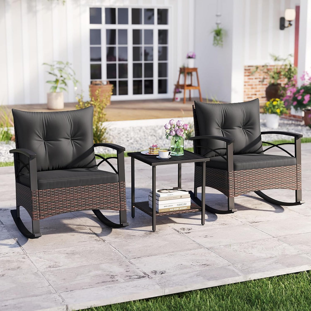 Tangkula 3 Piece Rattan Rocking Chair Set, Patio Rocker Bistro Set with Acacia Wood Tabletop & Armrests, 2 Outdoor Cushioned Armchairs w/Double-Tier Side Table for Porch, Balcony, Backyard
