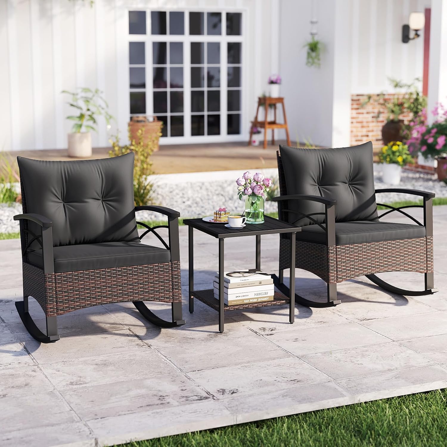 Tangkula 3 Piece Rattan Rocking Chair Set, Patio Rocker Bistro Set with Acacia Wood Tabletop & Armrests, 2 Outdoor Cushioned Armchairs w/Double-Tier Side Table for Porch, Balcony, Backyard