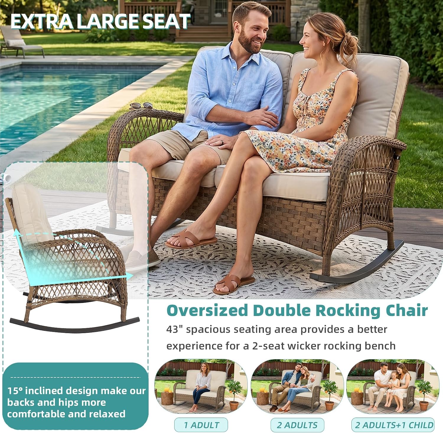 MEETWARM Double Rocking Chair, Oversized Outdoor Rocking Chair for 2 Person, Large Wide Wicker Patio Loveseat with Thick Cushion, All-Weather Rattan Comfy Loveseat Rocker for Patio Porch Deck, Brown