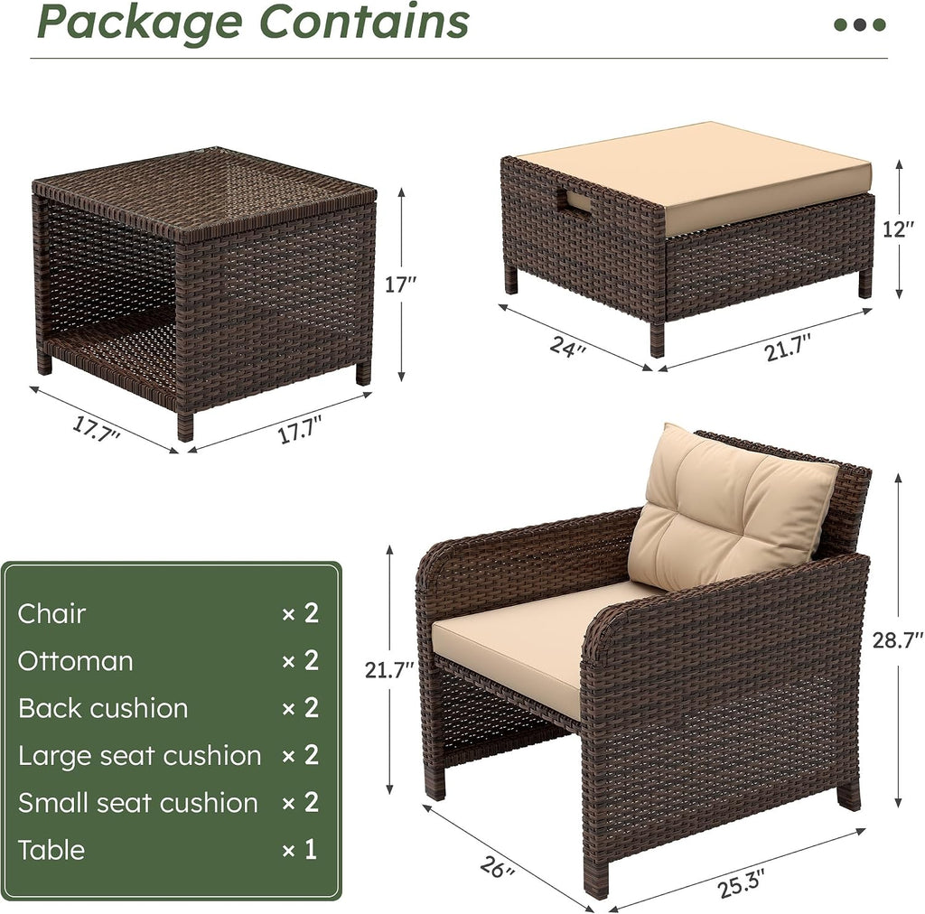 5 Pieces Patio Furniture Set, Hand-Woven Rattan Patio Conversation Set with Soft Cushions & Coffee Table, Outdoor Chairs with Hidden Ottoman for Porch, Lawn, Garden, Balcony, Brown