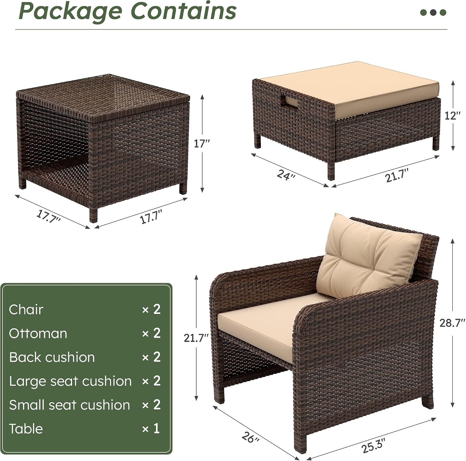 5 Pieces Patio Furniture Set, Hand-Woven Rattan Patio Conversation Set with Soft Cushions & Coffee Table, Outdoor Chairs with Hidden Ottoman for Porch, Lawn, Garden, Balcony, Brown