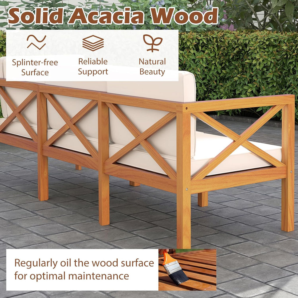 Tangkula 6 Pieces Acacia Wood Patio Furniture Set, Outdoor Sectional Conversation Set with Cushions and Coffee Table, L Shaped Corner Sofa Set for Garden, Porch, Poolside and Backyard (Off White)