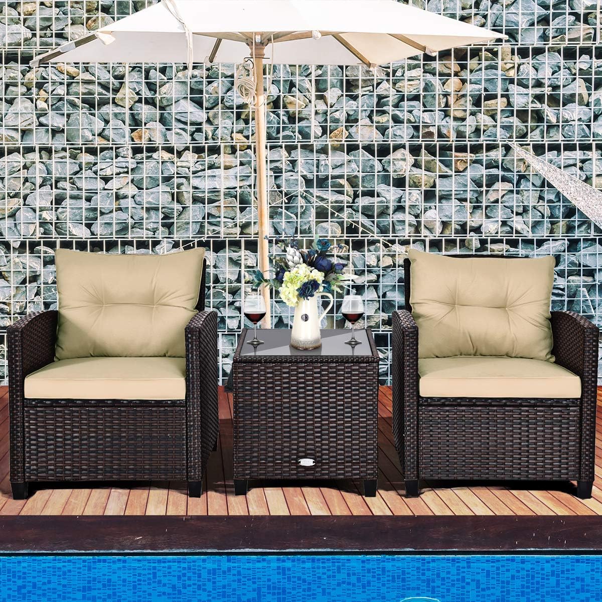 KOTEK 3 Piece Patio Furniture Set, Outdoor Conversation Set with Washable Cushions & Tempered Glass Tabletop, PE Rattan Wicker Bistro Set for Porch, Garden, Balcony (Beige)
