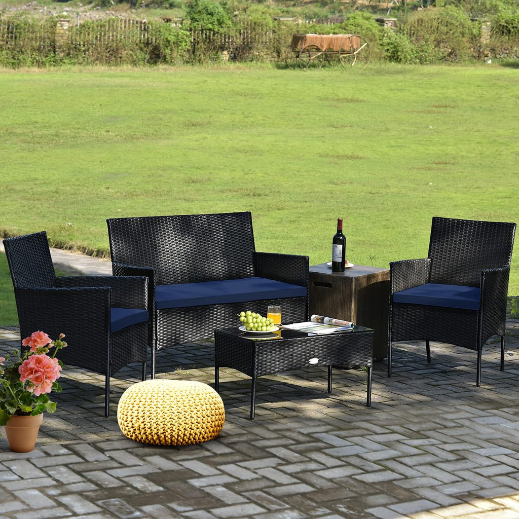 Tangkula 8 Piece Patio Furniture Set, Outdoor Wicker Conversation Set with Tempered Glass Coffee Table, Rattan Loveseat & Chairs Set with Seat Cushions for Backyard, Garden, Poolside (2, Navy)