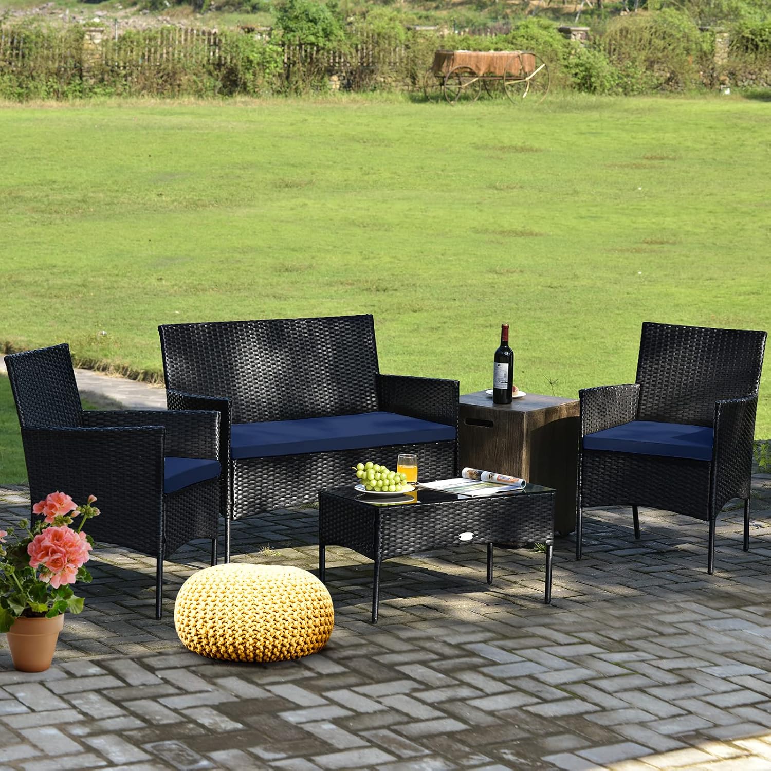 Tangkula 8 Piece Patio Furniture Set, Outdoor Wicker Conversation Set with Tempered Glass Coffee Table, Rattan Loveseat & Chairs Set with Seat Cushions for Backyard, Garden, Poolside (2, Navy)