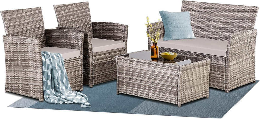 4 Piece Patio Furniture Set, Outdoor Wicker Conversation Sets, Rattan Sectional Sofa Couch with Coffee Table & Seat Cushions for Outside Backyard Porch Garden Poolside Balcony, Gray/Gray