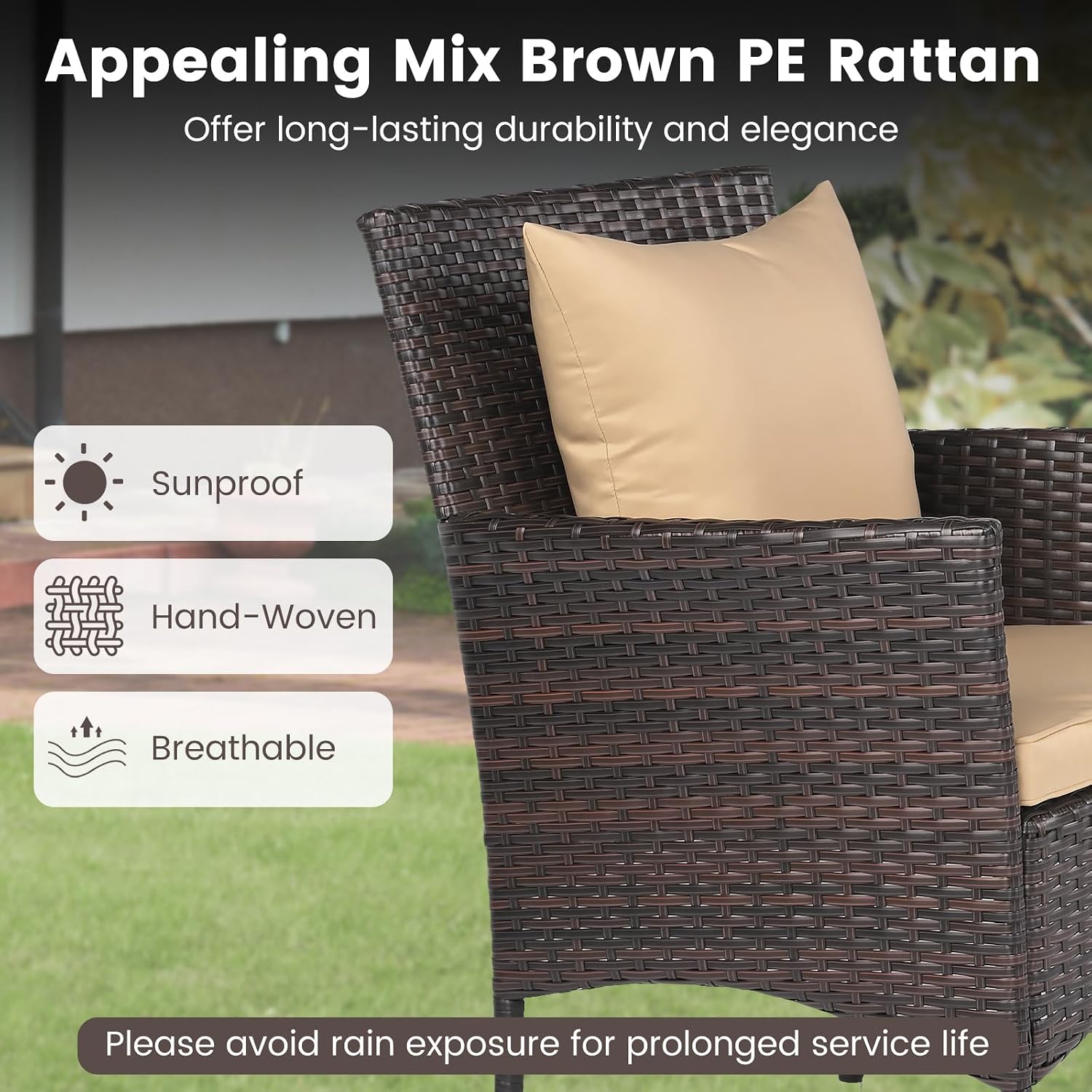 Tangkula 3 Pieces Patio Wicker Bistro Set, 2 Rattan Chairs w/ 2-Tier Tempered Glass Table, Outdoor Conversation Furniture Set with Cushions for Backyard, Porch, Poolside (Mix Brown+Beige)