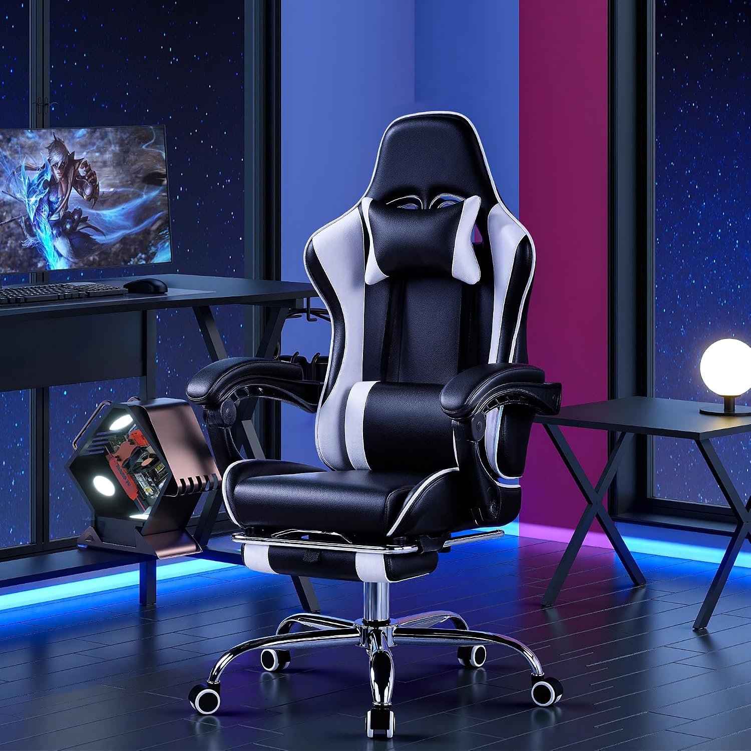 VECELO Ergonomic Gaming Chair with Footrest, Comfy Recliner Computer Chair, Swivel Seat, Height Adjustable, High Back PU Leather, Lumbar Support, Headrest for Adults, Jet Black
