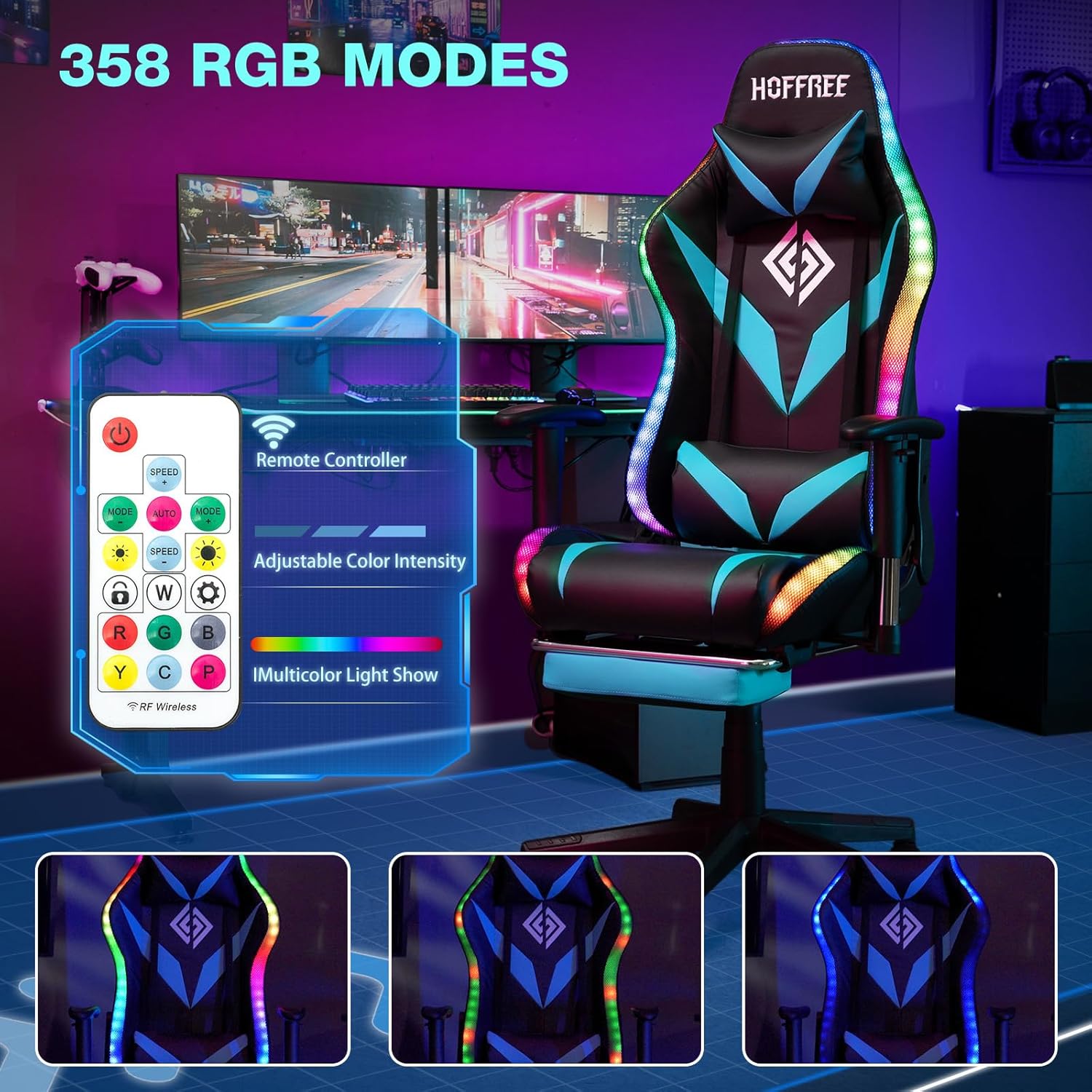 HOFFREE Gaming Chair with Bluetooth Speakers and Led Lights Massage Video Game Chair with Footrest Reclining High Back Computer Gamer Chair Blue and Black