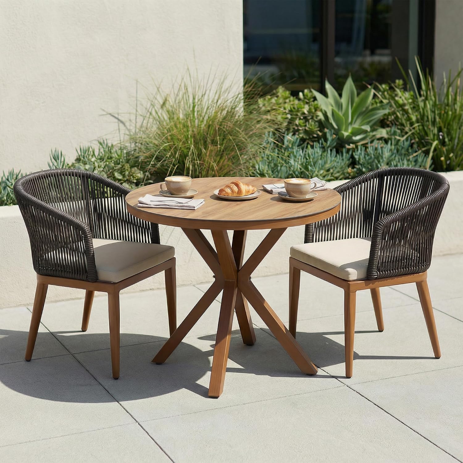 PURPLE LEAF 3 Pieces Bistro Set 37.4' Diameter Table with 2 Arm Chairs Cushioned PE Rattan Patio Furniture for Indoor Outdoor Use on Garden Lawn Apartment Poolside Deep Teak