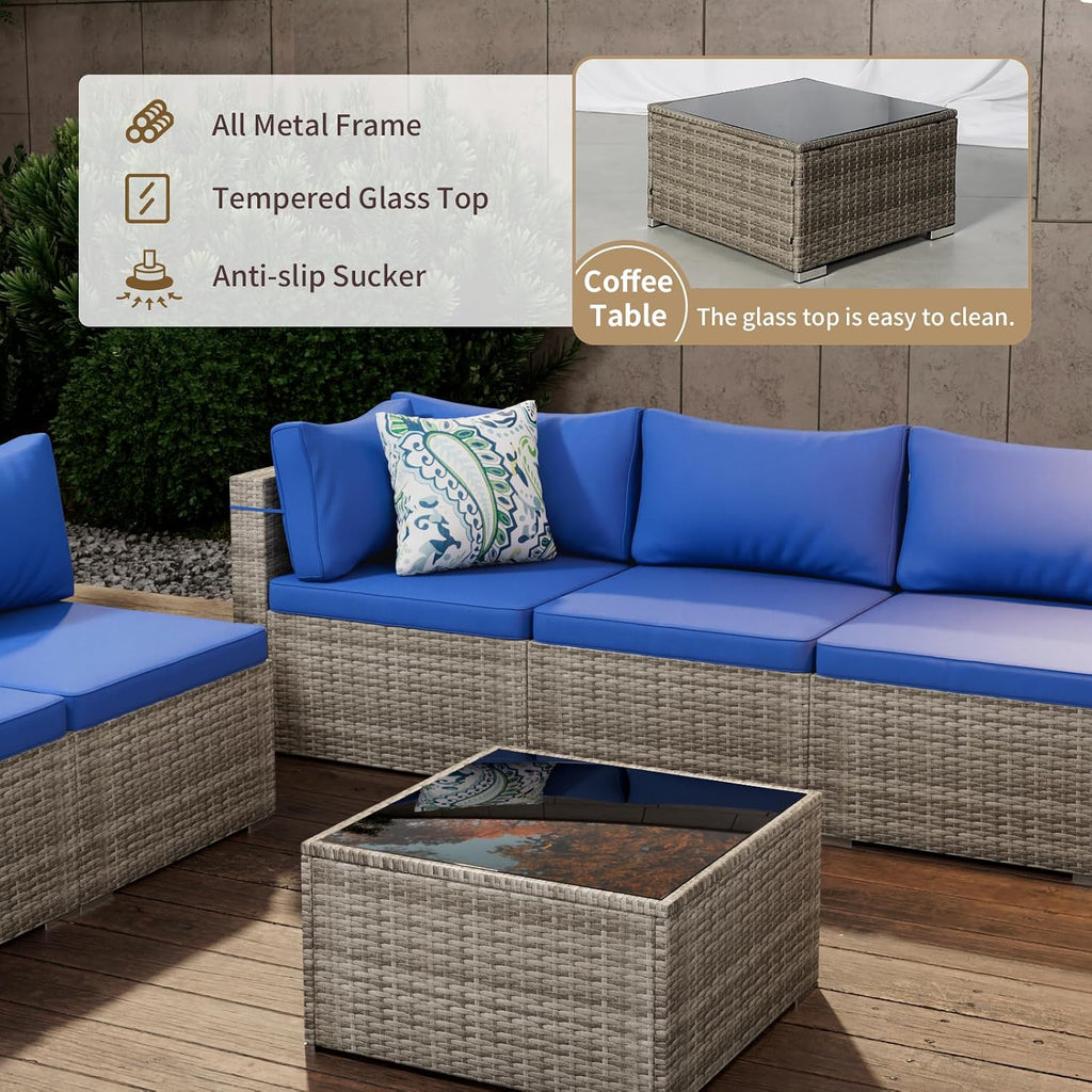 Tradare 3 Piece Patio Furniture Set, Outdoor Wicker Patio Sofa Set, PE Rattan Sectional Couch with Glass Table and Blue Cushions, All-Weather 3 Piece Outdoor Patio Furniture Sets, Grey