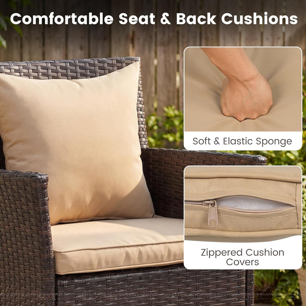 Tangkula 3 Pieces Patio Wicker Bistro Set, 2 Rattan Chairs w/ 2-Tier Tempered Glass Table, Outdoor Conversation Furniture Set with Cushions for Backyard, Porch, Poolside (Mix Brown+Beige)
